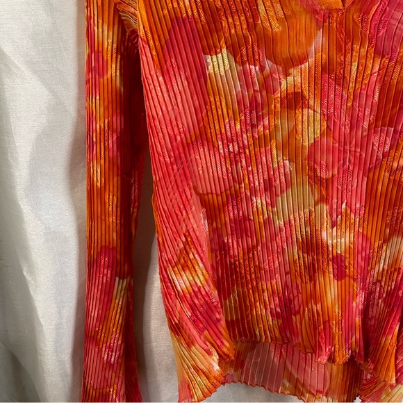 y2k Cache Orange Pink Neon Floral Pleated Mesh V-Neck Long Fairy Sleeve Blouse - Picture 2 of 4